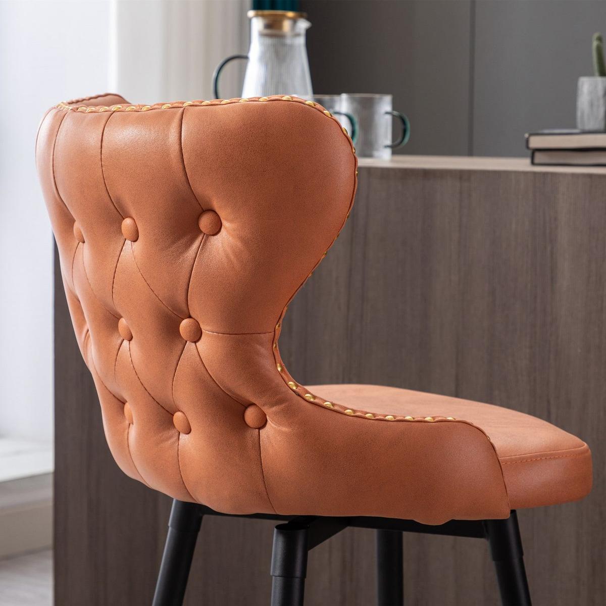 Counter Height 25" Modern Leathaire Fabric bar chairs, 180 degree Swivel Bar Stool Chair for Kitchen, Tufted Gold Nailhead Trim Bar Stools with Metal Legs, Set of 2 (Orange)