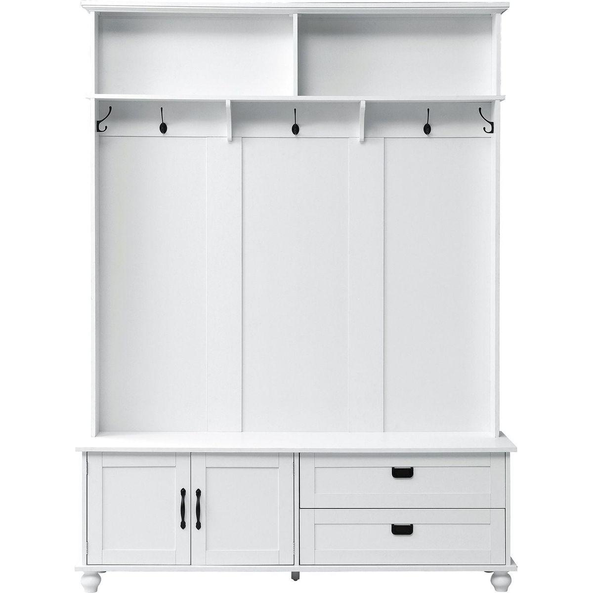 Modern Style Hall Tree with Storage Cabinet and 2 Large Drawers, Widen Mudroom Bench with 5 Coat Hooks, White