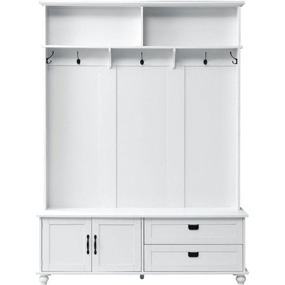 Modern Style Hall Tree with Storage Cabinet and 2 Large Drawers, Widen Mudroom Bench with 5 Coat Hooks, White