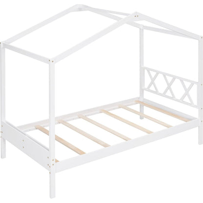 Twin Size Wood House Bed with Storage Space, White