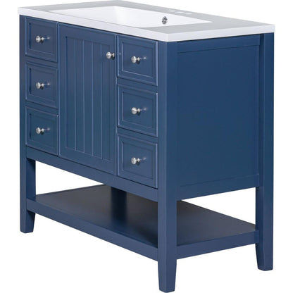 36" Bathroom Vanity with Sink Combo, One Cabinet and Three Drawers, Solid Wood and MDF Board, Blue