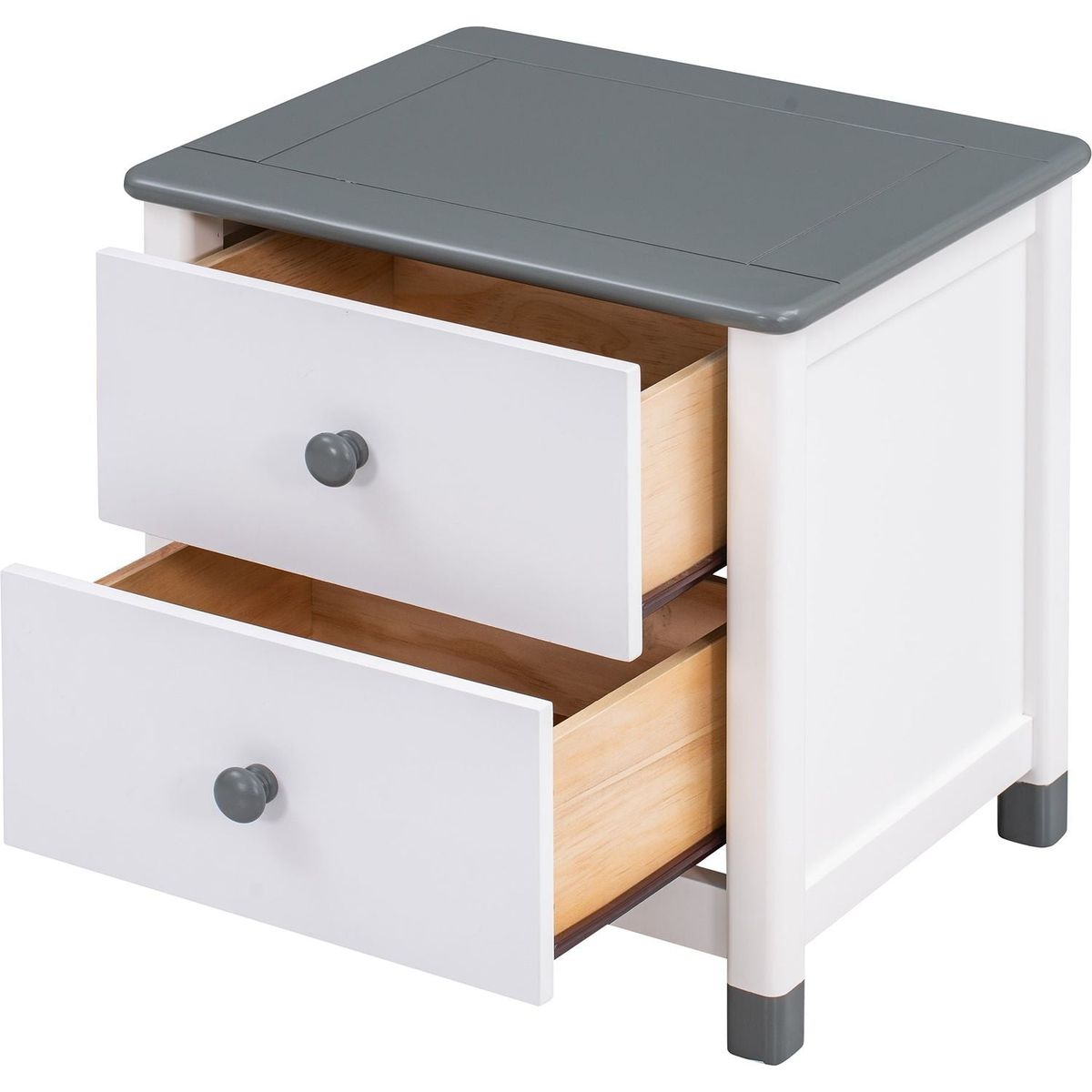 Wooden Nightstand with Two Drawers for Kids, End Table for Bedroom, White+Gray