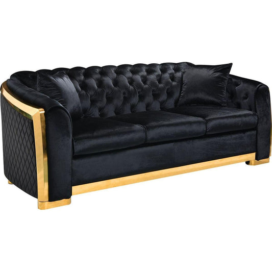 Velvet Luxury Chesterfield Sofa Set, 84 Inches Tufted 3 Seat Couch with Gold Stainless for Living Room, Black Fabric