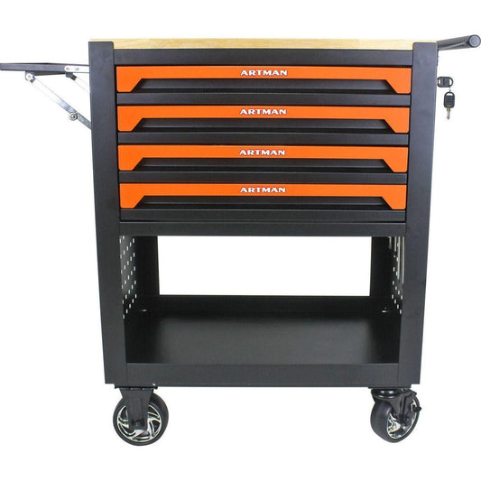 4 DRAWERS MULTIFUNCTIONAL TOOL CART WITH WHEELS AND WOODEN TOP-ORANGE