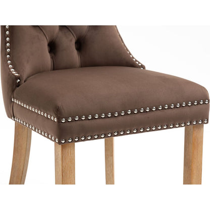 Upholstered Button Tufted Back Brown Velvet Dining Chair with Nailhead Trim and Brushed Solid Wood Legs 2 Sets