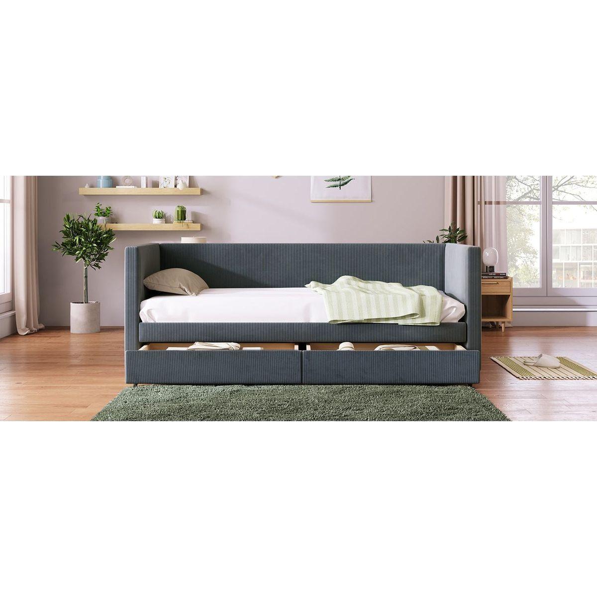 Twin Size Corduroy Daybed with Two Drawers and Wood Slat, Gray