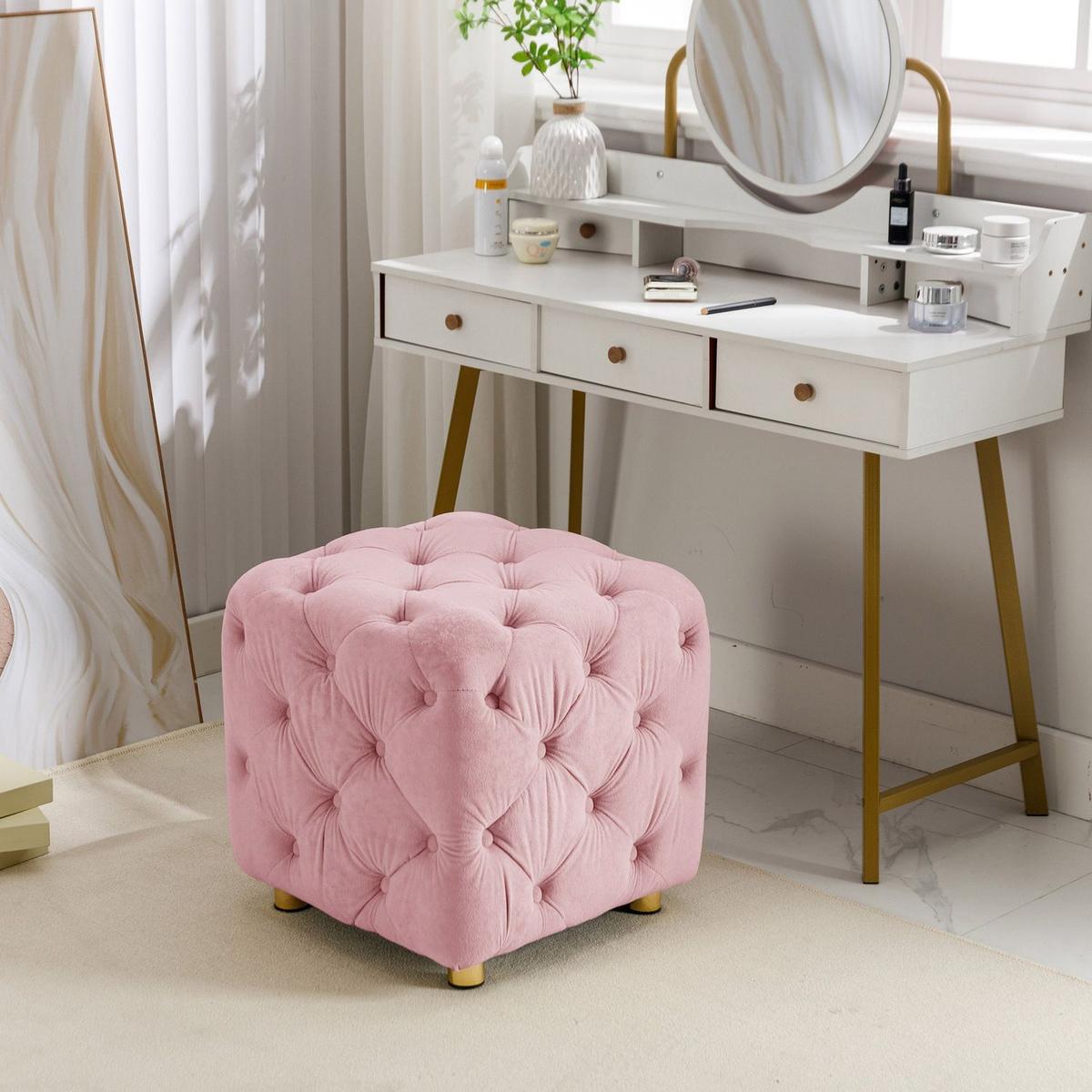 Pink Modern Velvet Upholstered Ottoman, Exquisite Small End Table, Soft Foot Stool, Dressing Makeup Chair, Comfortable Seat for Living Room, Bedroom, Entrance