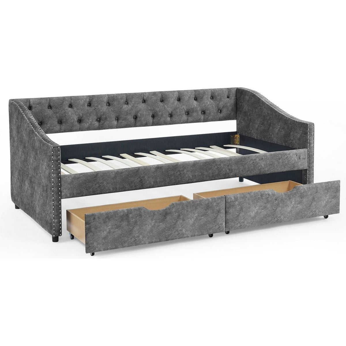 Twin Size Daybed with Drawers Upholstered Tufted Sofa Bed, with Button on Back and Copper Nail on Waved Shape Armsrey1.5"41"30.5"