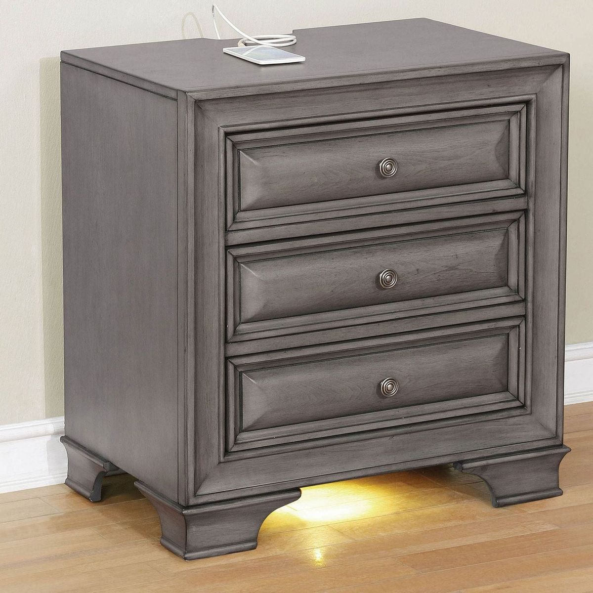 Gray Solid wood 1pc Nightstand Nickel Round Knob Transitional Style 3-Drawers Nightstand w Under Nightlight