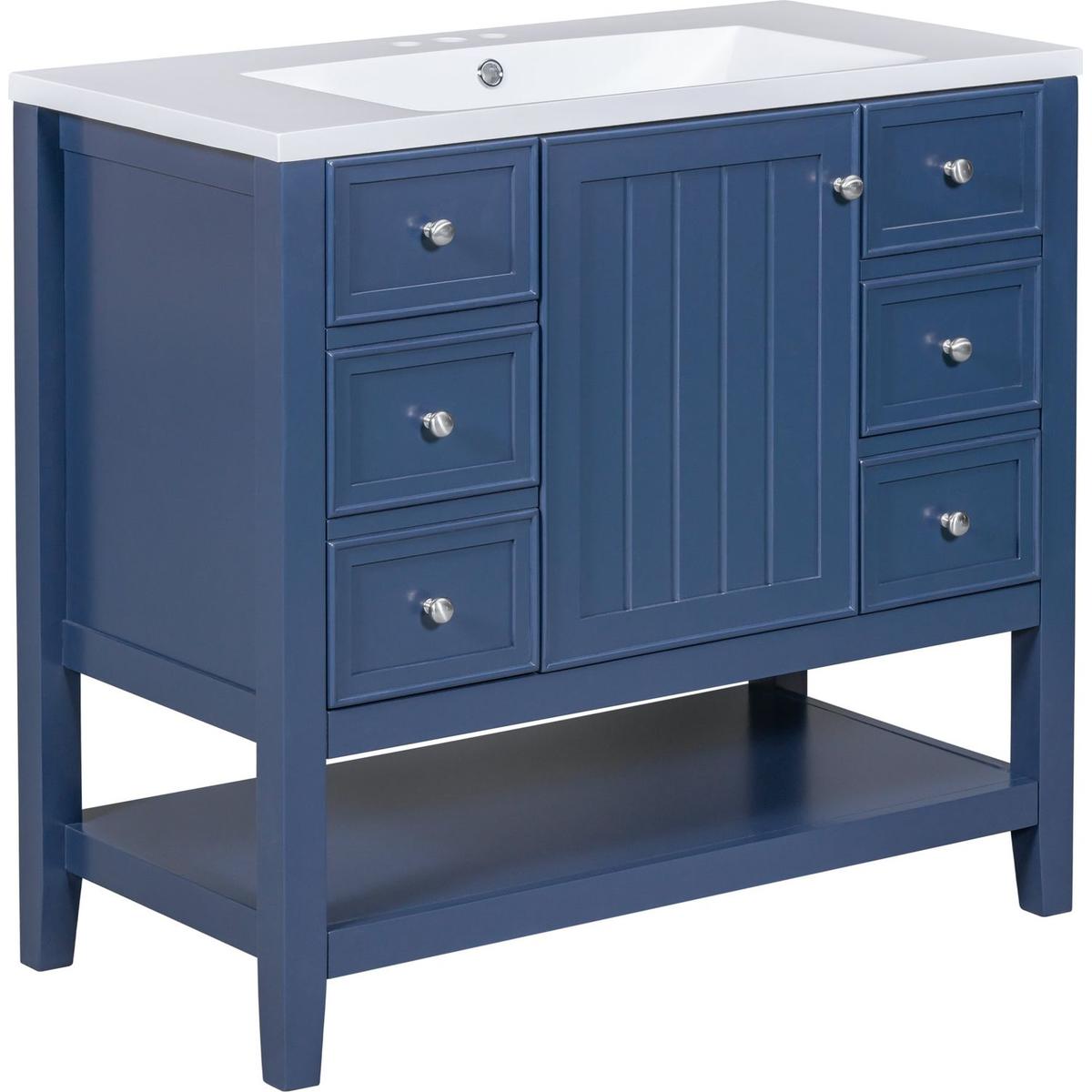 36" Bathroom Vanity with Sink Combo, One Cabinet and Three Drawers, Solid Wood and MDF Board, Blue