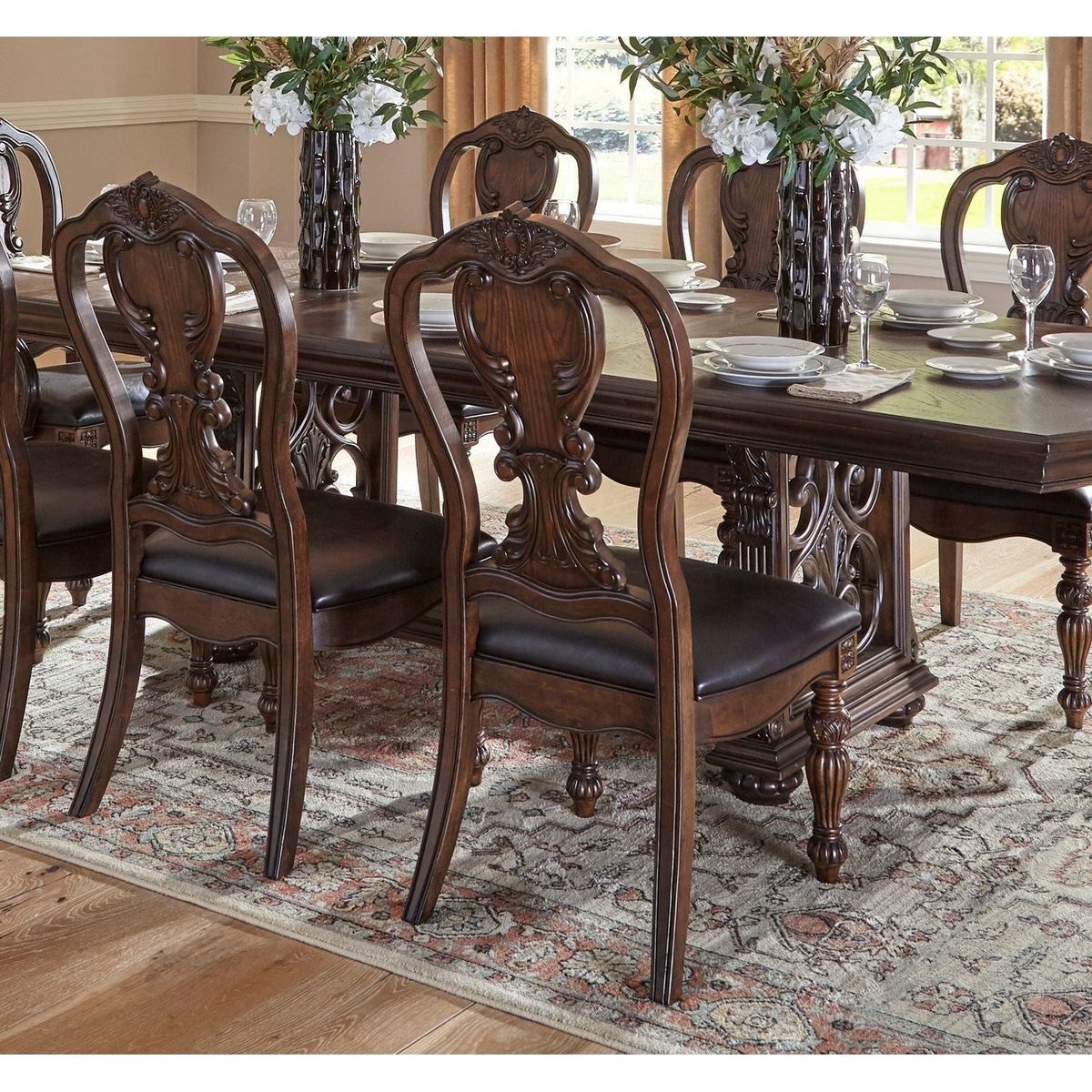 Traditional Formal Dining Side Chairs set of 2pc Dark Oak Finish Wood Frame Faux Leather Upholstered Padded Seat