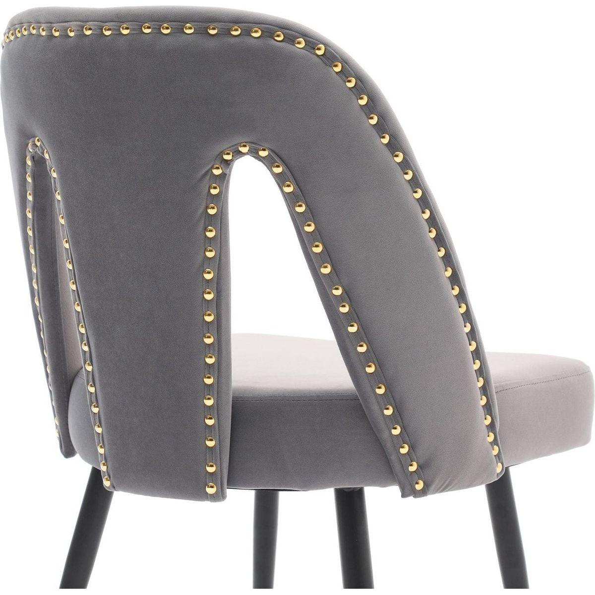 Akoya Collection Modern Contemporary Velvet Upholstered Dining Chair with Nailheads and Gold Tipped Black Metal Legs, Gray, Set of 2