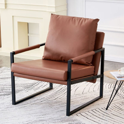 PU Leather Accent Arm Chair Mid Century Modern Upholstered Armchair with Metal Frame Extra-Thick Padded Backrest and Seat Cushion Sofa Chairs for Living Room (Brown PU Leather + Metal Frame + Foam)