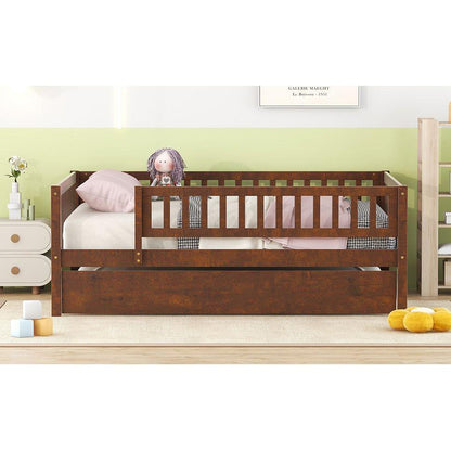 Full Size Wood Daybed with Trundle and Fence Guardrails, Walnut