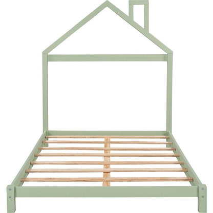 Full Size Wood Platform Bed with House-shaped Headboard (Green)