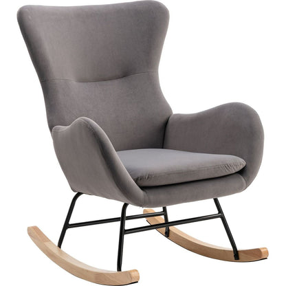 Velvet Fabric Padded Seat Rocking Chair With High Backrest And Armrests