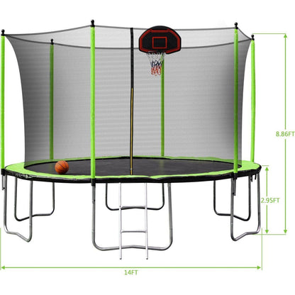 14FT Trampoline with Basketball Hoop Inflator and Ladder (Inner Safety Enclosure) Green - Streamdale Furniture