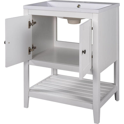 24" White Modern Sleek Bathroom Vanity Elegant Ceramic Sink with Solid Wood Frame Open Style Shelf