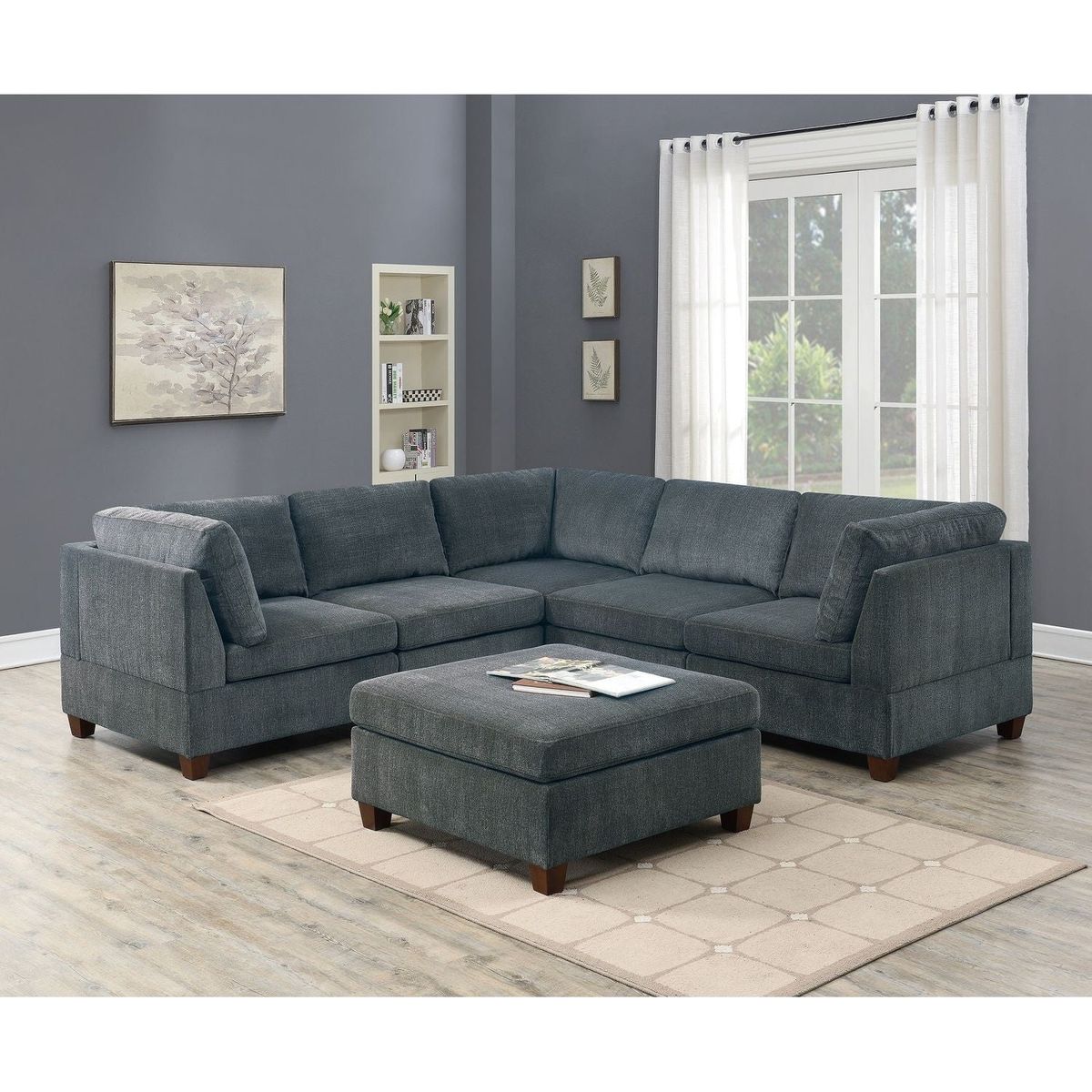 Living Room Furniture Grey Chenille Modular Sectional 6pc Set Corner Sectional Modern Couch 3x Corner Wedge 2x Armless Chairs and 1x Ottoman Plywood