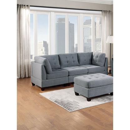 Modular Sofa Set 6pc Set Living Room Furniture Sofa Loveseat Tufted Couch Nail heads Gray Linen Like Fabric 4x Corner Wedge 1x Armless Chair and 1x Ottoman