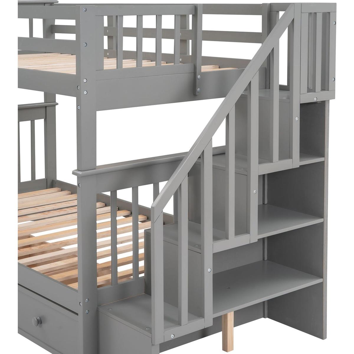 Stairway Twin-Over-Twin Bunk Bed with Three Drawers for Bedroom, Dorm - Gray - Streamdale Furniture