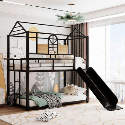 Twin Over Twin Metal Bunk Bed, Metal Housebed With Slide,Three Colors Available.(Black with Black Slide)
