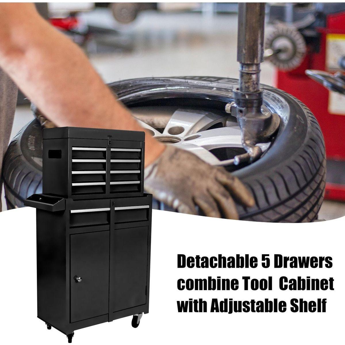 Detachable 5 Drawer Tool Chest with Bottom Cabinet and one Adjustable Shelf--Black