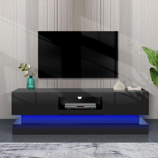 51.18inch Black modern TV Stand with LED Lights, high glossy front TV Cabinet, can be assembled in Lounge Room, Living Room or Bedroom, color:BLACK