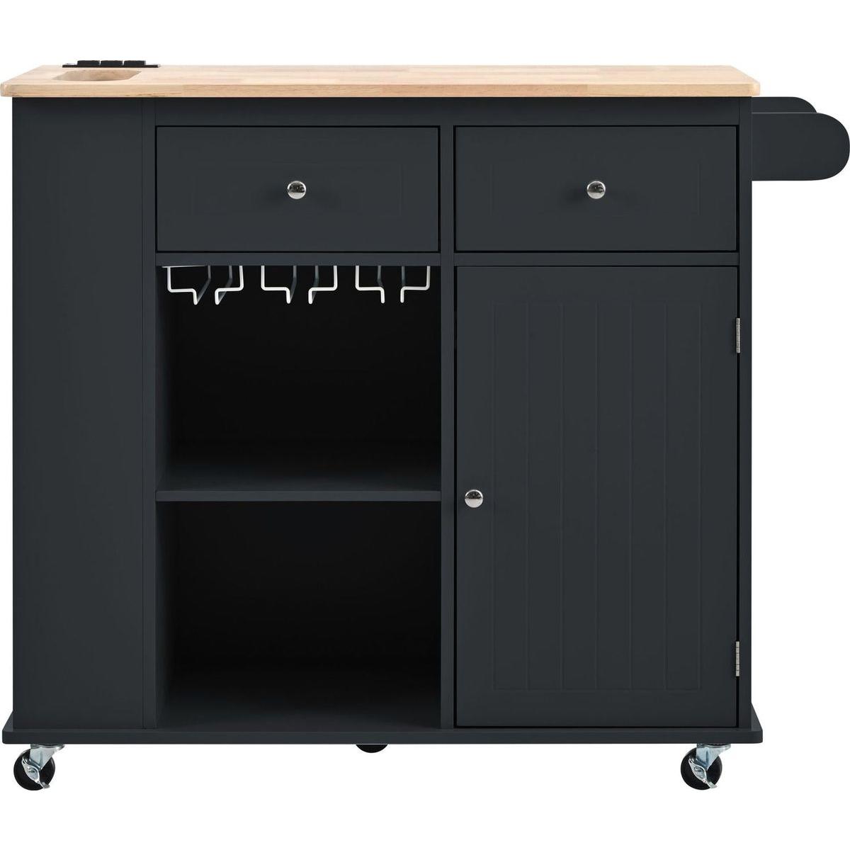 Kitchen Island with Power Outlet,Kitchen Storage Island with Drop Leaf and Rubber Wood,Open Storage and Wine Rack,5 Wheels,with Adjustable Storage for Home, Kitchen, and Dining Room, Black