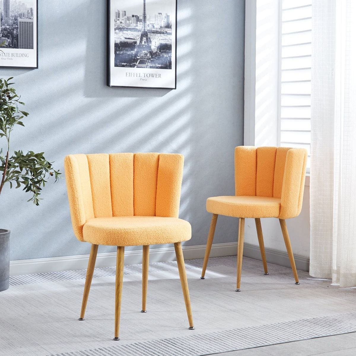 Modern YELLOW dining chair (set of 2) with iron tube wood color legs, shorthair cushions and comfortable backrest, suitable for dining room, living room, cafe, simple structure.