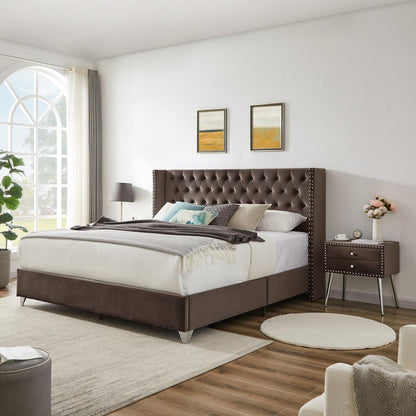 King bed with one nightstand, Button designed Headboard, strong wooden slats + metal legs with Electroplate