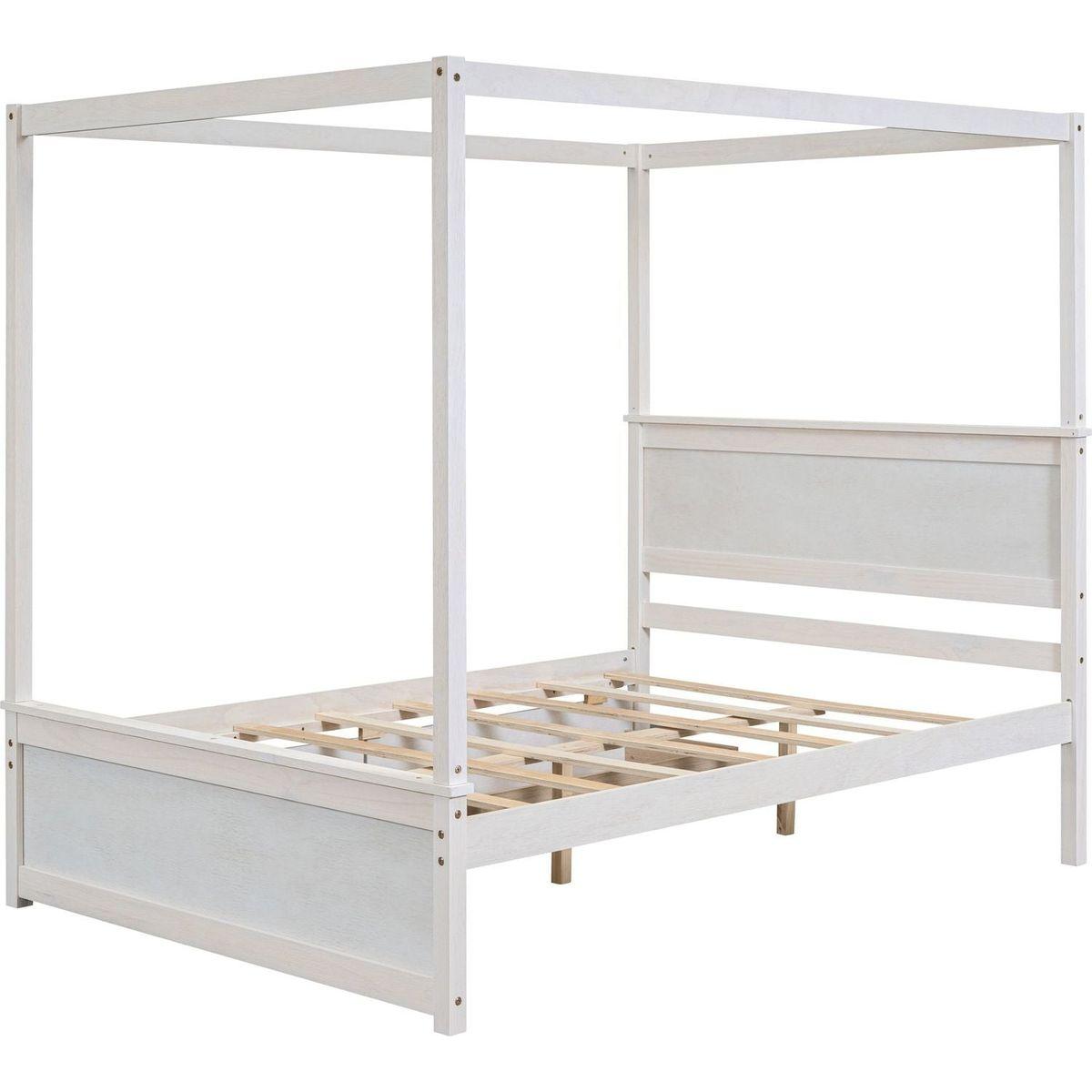 Wood Canopy Bed with two Drawers, Full Size Canopy Platform bed With Support Slats .No Box Spring Needed, Brushed White
