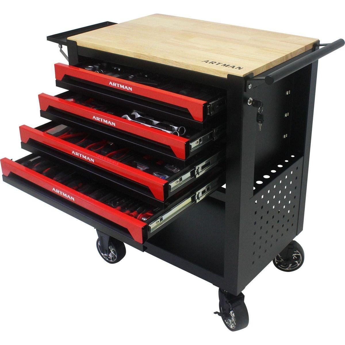 4 DRAWERS MULTIFUNCTIONAL TOOL CART WITH TOOL SET AND WOODEN TOP