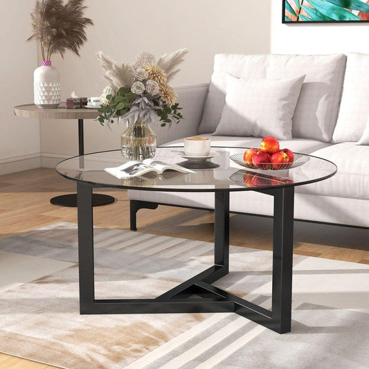 Round Glass Coffee Table Modern Cocktail Table Easy Assembly with Tempered Glass Top & Sturdy Wood Base (Black) - Streamdale Furniture