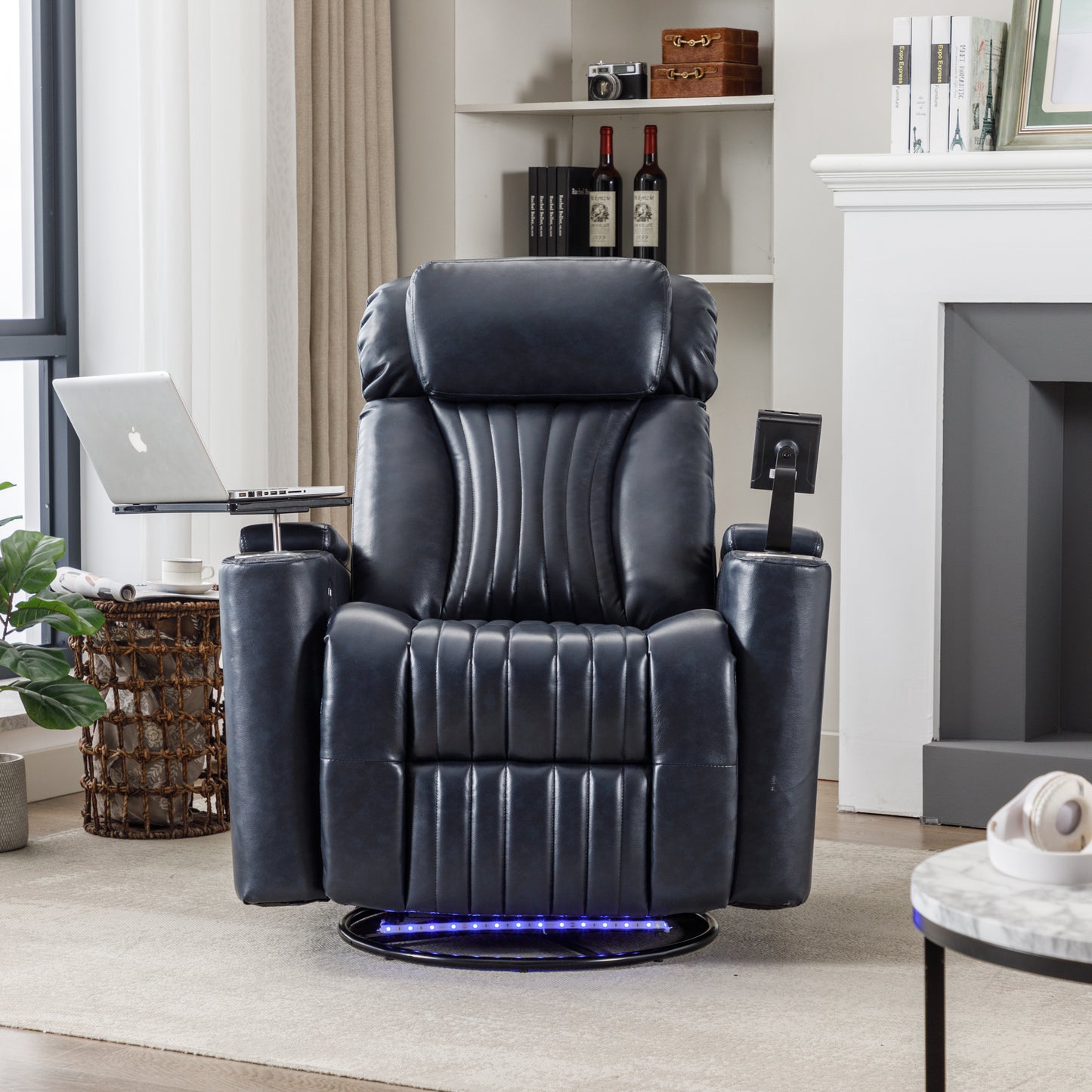 270 degree Power Swivel Recliner, Home Theater Seating With Hidden Arm Storage and LED Light Strip, Cup Holder, 360 degree Swivel Tray Table, and Cell Phone Holder, Soft Living Room Chair, Blue