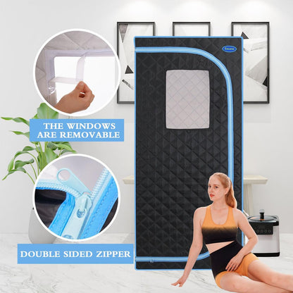 Portable Plus Type Full Size Steam Sauna tent. Spa, Detox, Therapy and Relaxation at home.Larger Space, Stainless Steel Pipes Connector Easy to Install, with FCC Certification--Black (Blue binding)