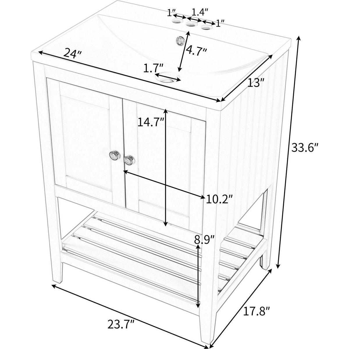 24" Brown Modern Sleek Bathroom Vanity Elegant Ceramic Sink with Solid Wood Frame Open Style Shelf