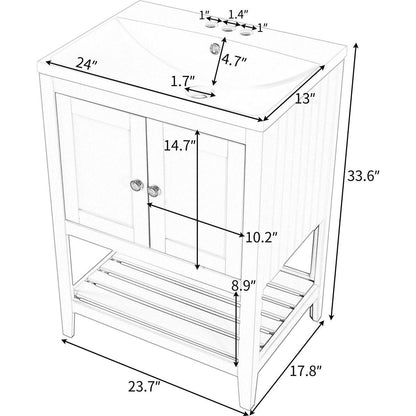 24" Brown Modern Sleek Bathroom Vanity Elegant Ceramic Sink with Solid Wood Frame Open Style Shelf