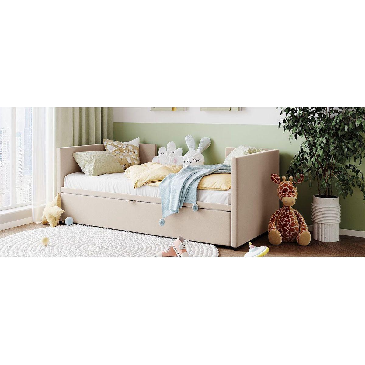 Twin Size Upholstered daybed with Extendable Trundle, Beige - Streamdale Furniture
