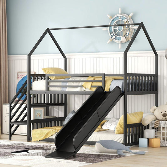 Twin Size Metal Bunk Bed House Bed with Slide and Staircase, Black - Streamdale Furniture