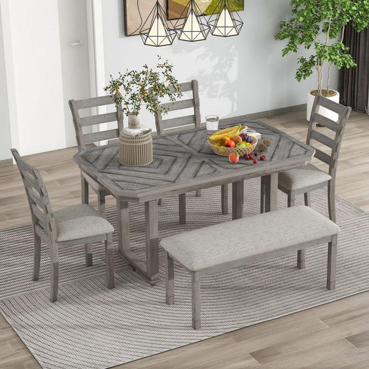 6-Piece Rubber Wood Dining Table Set with Beautiful Wood Grain Pattern Tabletop Solid Wood Veneer and Soft Cushion (Gray) - Streamdale Furniture