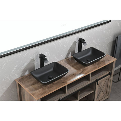 13.0" L -18.13" W -4" H Matte Shell Glass Rectangular Vessel Bathroom Sink in Black with Matte Black Faucet and Pop-Up Drain in Matte Black