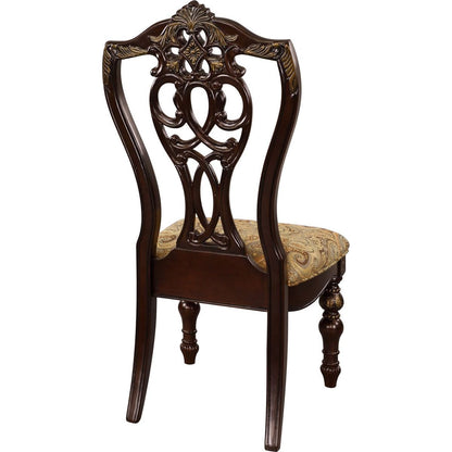 Formal Traditional Dining Chairs 2pc Set Dark Cherry Finish with Gold Tipping Jacquard Fabric Upholstered Extravagant Carving Dining Room Furniture