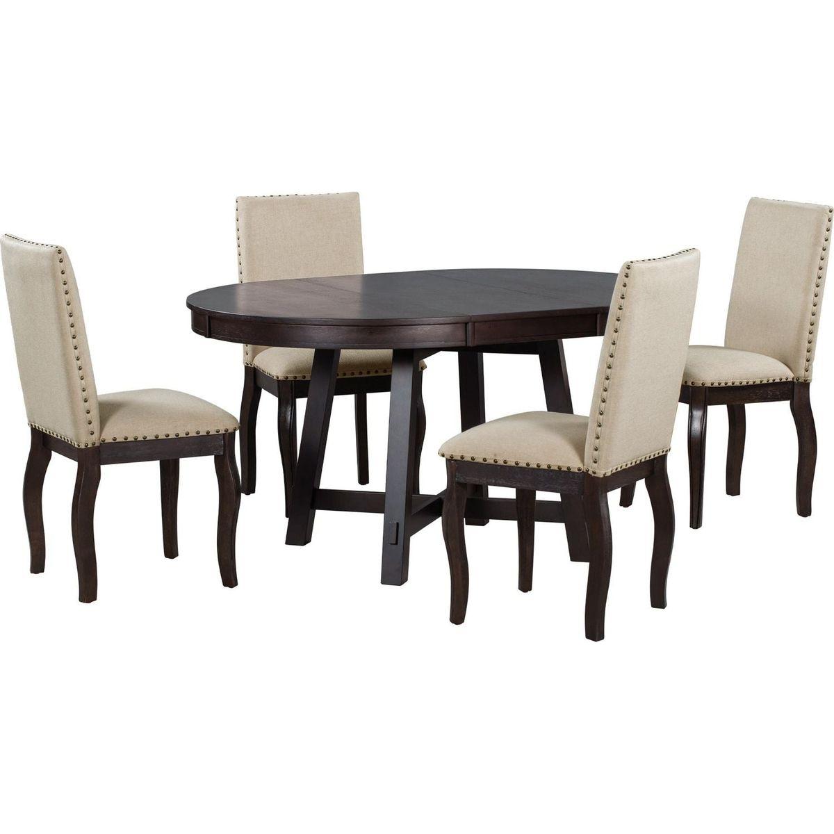 5-Piece Farmhouse Dining Table Set Wood Round Extendable Dining Table and 4 Upholstered Dining Chairs (Espresso)