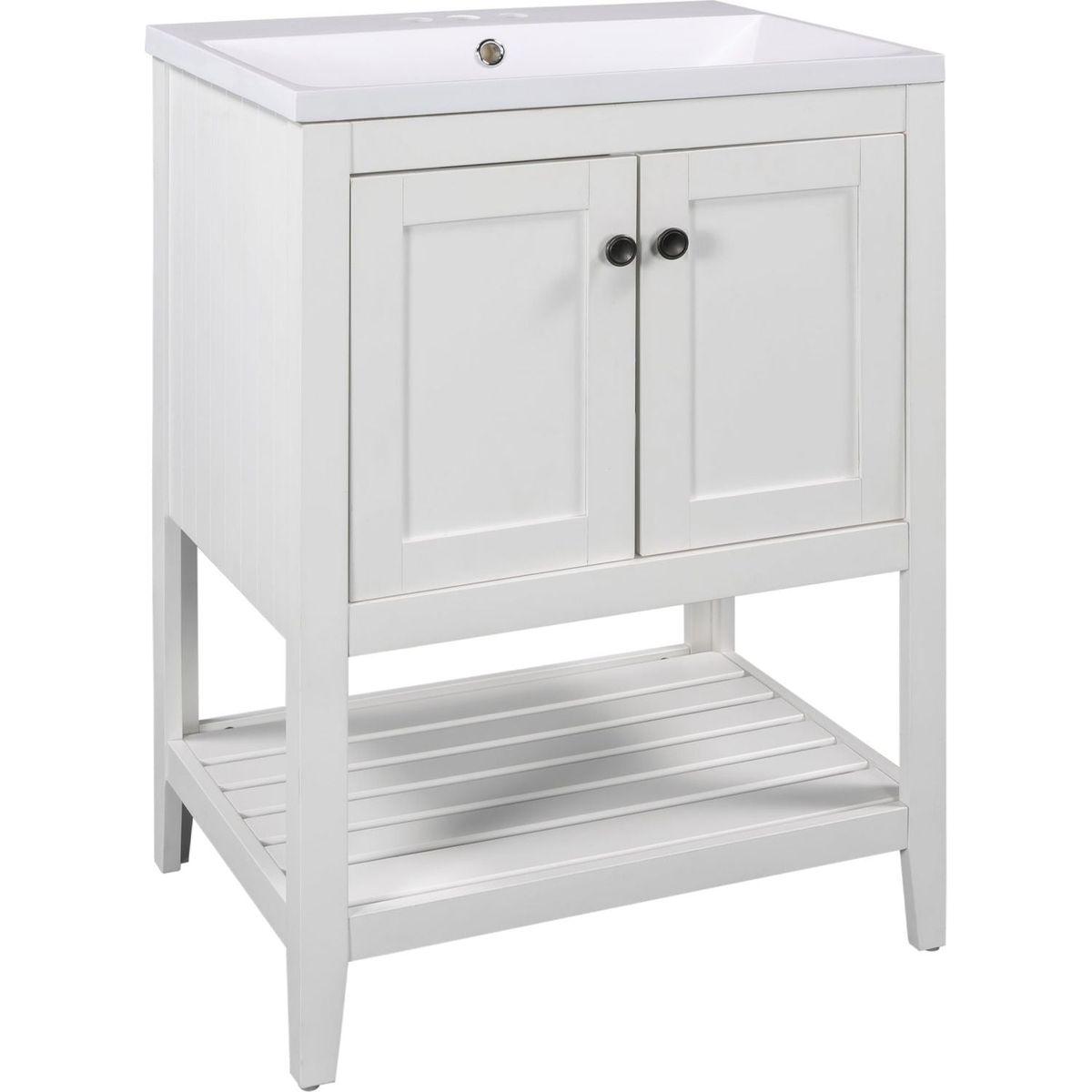 24" White Modern Sleek Bathroom Vanity Elegant Ceramic Sink with Solid Wood Frame Open Style Shelf