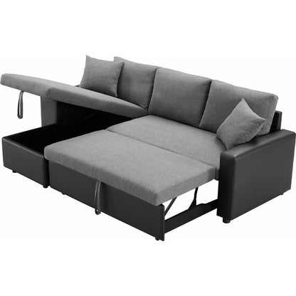 92.5" Linen Reversible Sleeper Sectional Sofa with storage and 2 stools Steel Gray