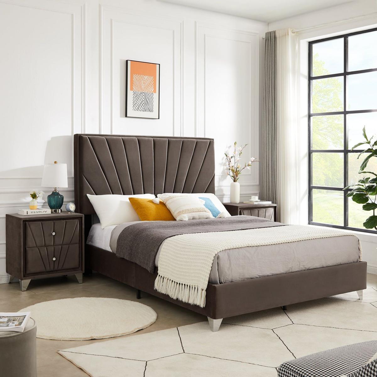 Full bed with two nightstands, Beautiful line stripe cushion headboard, strong wooden slats + metal legs with Electroplate