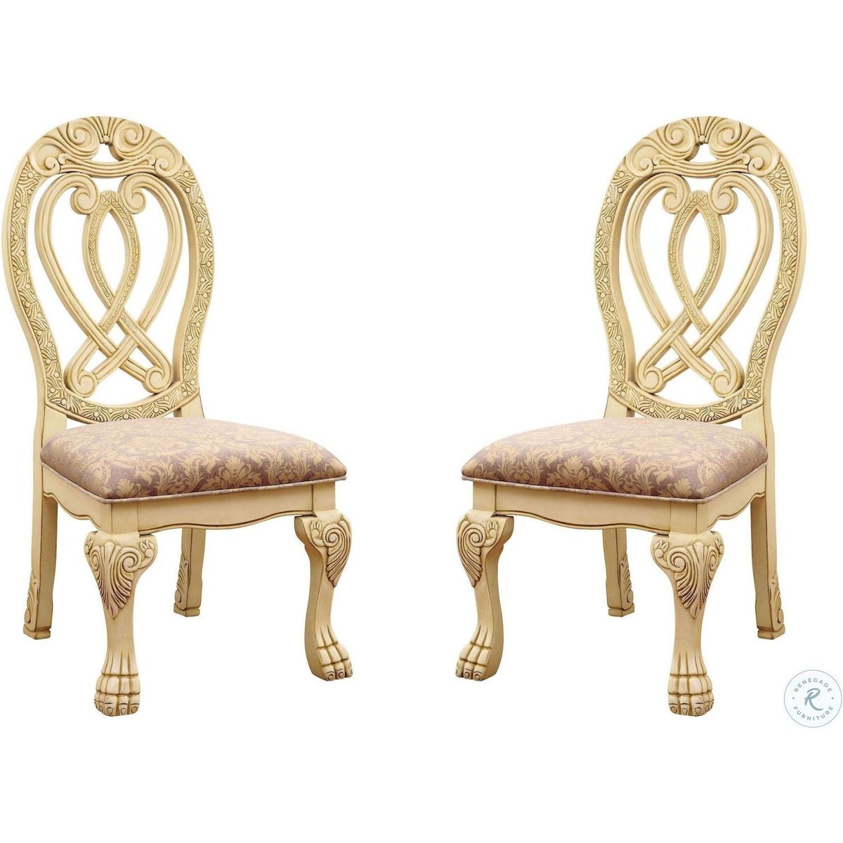 Formal Majestic Traditional Dining Chairs Vintage White Solid wood Fabric Seat Intricate Carved Details Set of 2 Side Chairs