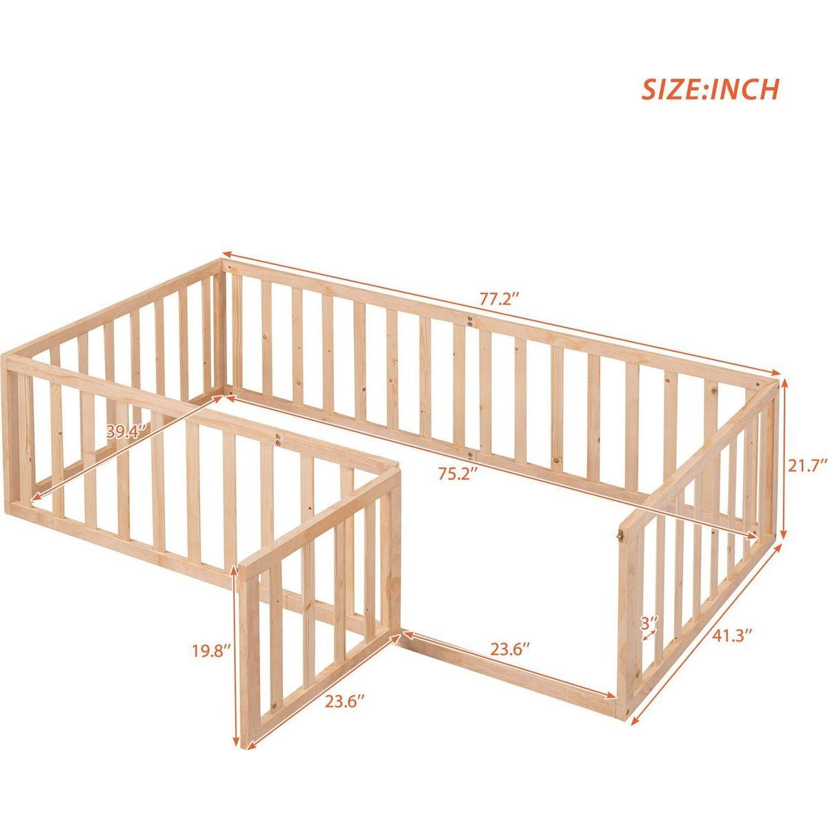 Twin Size Wood Floor Bed Frame with Fence and Door, Natural - Streamdale Furniture