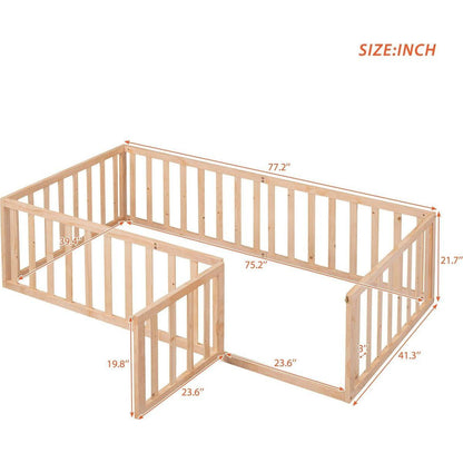 Twin Size Wood Floor Bed Frame with Fence and Door, Natural - Streamdale Furniture